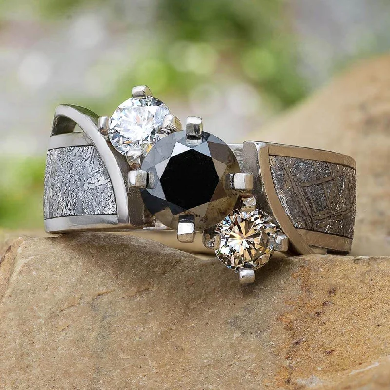 women's elegant engagement rings-Black Diamond Platinum Engagement Ring with Meteorite