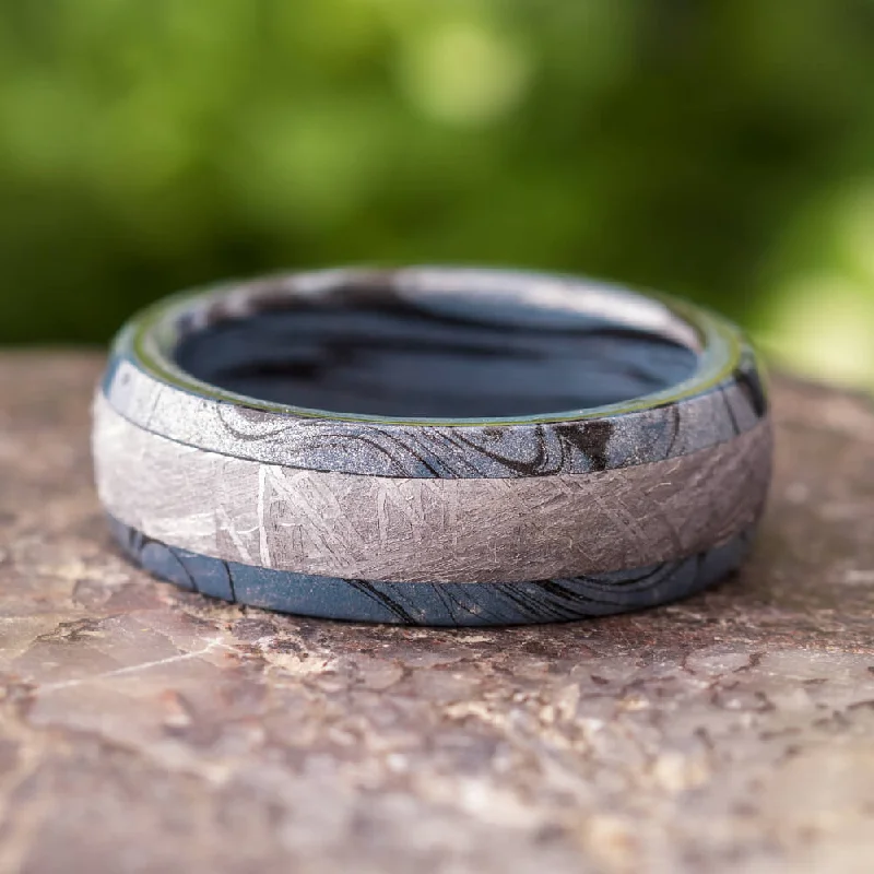 women's delicate band rings-Mens Mokume Ring With Meteorite Band, Cobaltium Mokume