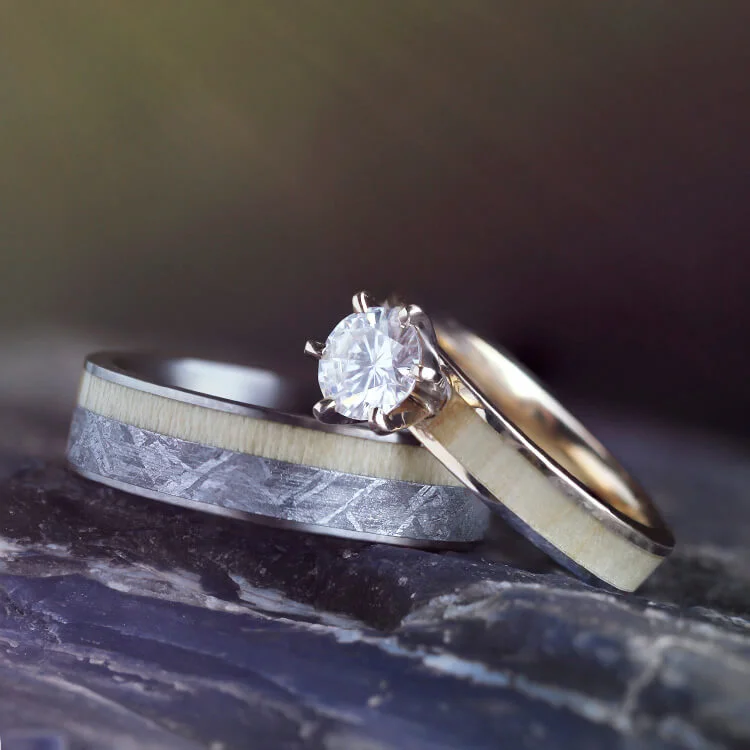 women's engagement rings-Aspen Wood Wedding Ring Set, Yellow Gold Moissanite Engagement with Meteorite Wedding Band