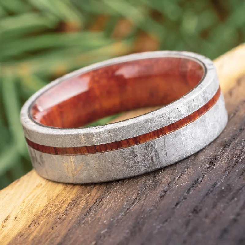 women's nature-inspired rings-Meteorite Ring with Bloodwood Sleeve and Pinstripe