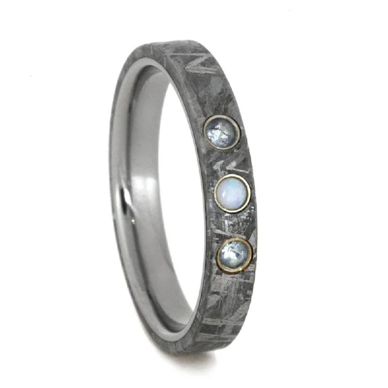 women's amethyst engagement rings-Meteorite Wedding Band with Aquamarine and Opal Gemstones