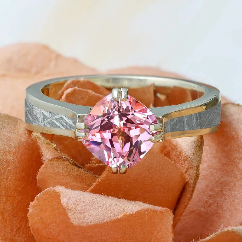 women's cathedral engagement rings-Cushion Cut Morganite & Meteorite Engagement Ring