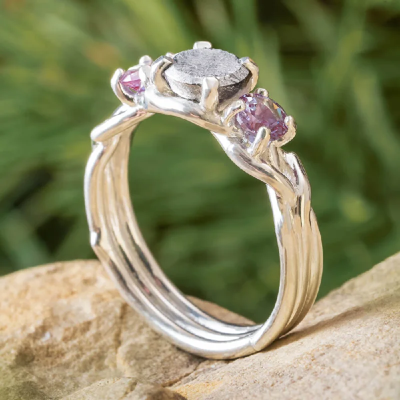 women's heart rings-Three Stone Alexandrite & Meteorite Engagement Ring