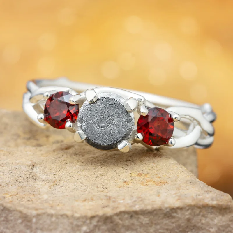 women's heart shaped engagement rings-Garnet Engagement Ring With Meteorite And Branch Design