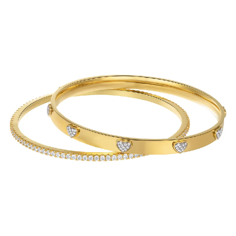 women's bold fashion bracelets-14k Gold Plated CZ Hearts Stacking Bangle Set