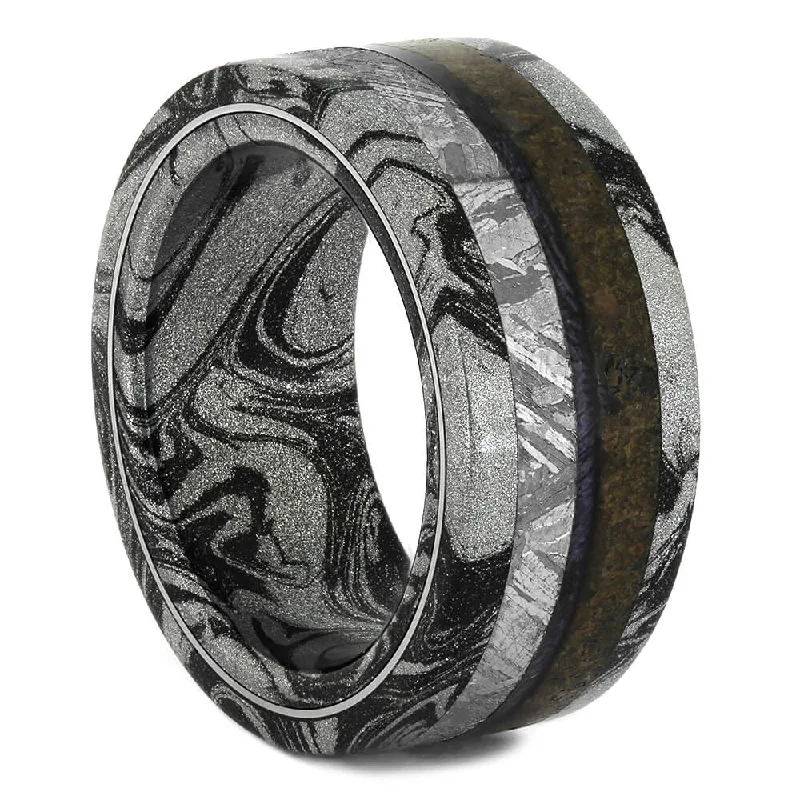 women's rustic engagement rings-Black & White Mokume Wedding Band with Dinosaur Bone