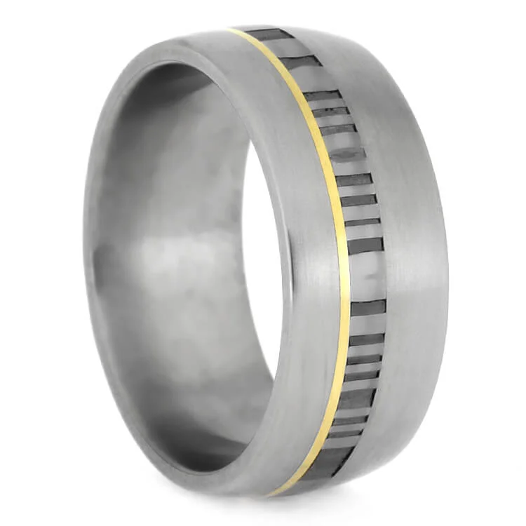 women's thick band engagement rings-Matte Titanium Wedding Band with Damascus and Yellow Gold