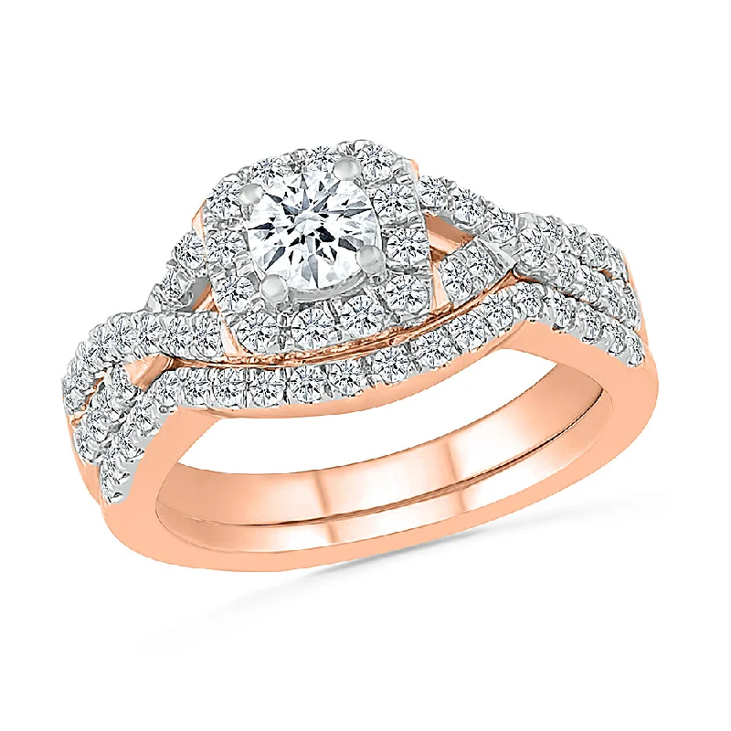 women's trillion cut engagement rings-1 Carat TW Round Halo Engagement Ring With Curved Band