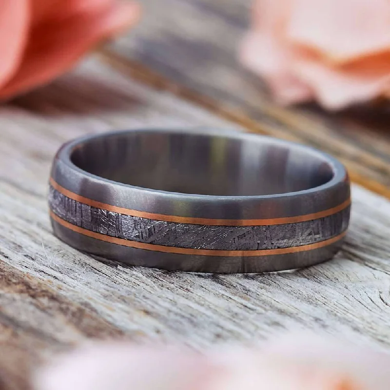 women's modern engagement rings-Meteorite Wedding Band with Rose Gold Pinstripes