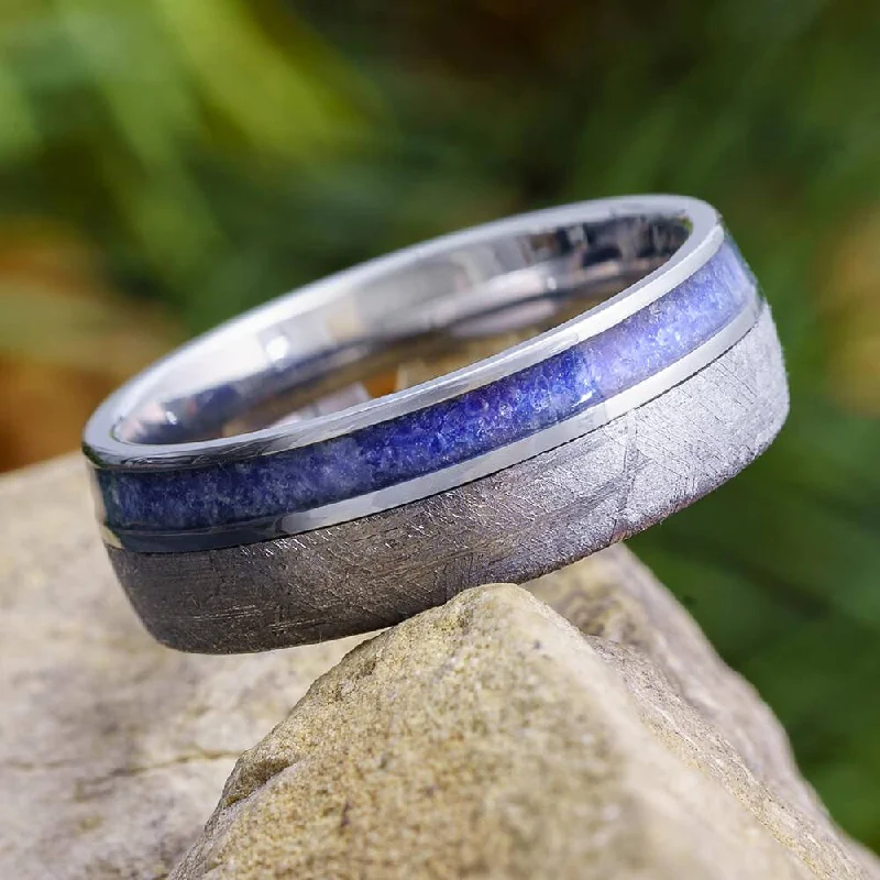 women's amethyst rings-Crushed Sapphire Wedding Band With Meteorite