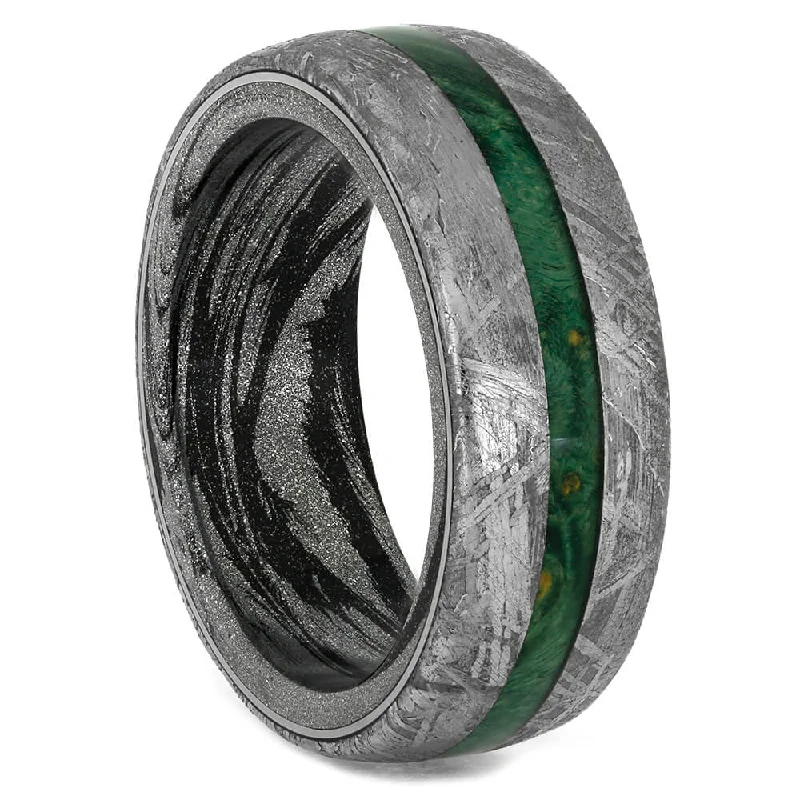 women's refined engagement rings-Green Wood Wedding Band with Meteorite and Mokume