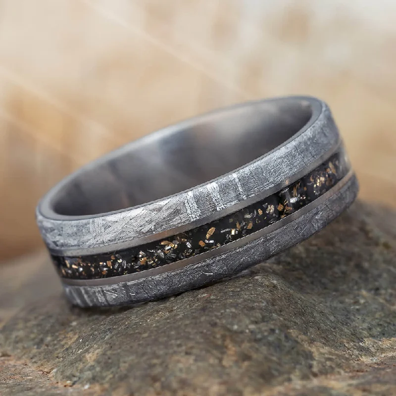 women's twist rings-Black Stardust & Meteorite Wedding Band in Matte Titanium