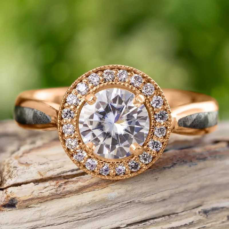 women's hypoallergenic rings-Rose Gold Halo Engagement Ring With Meteorite