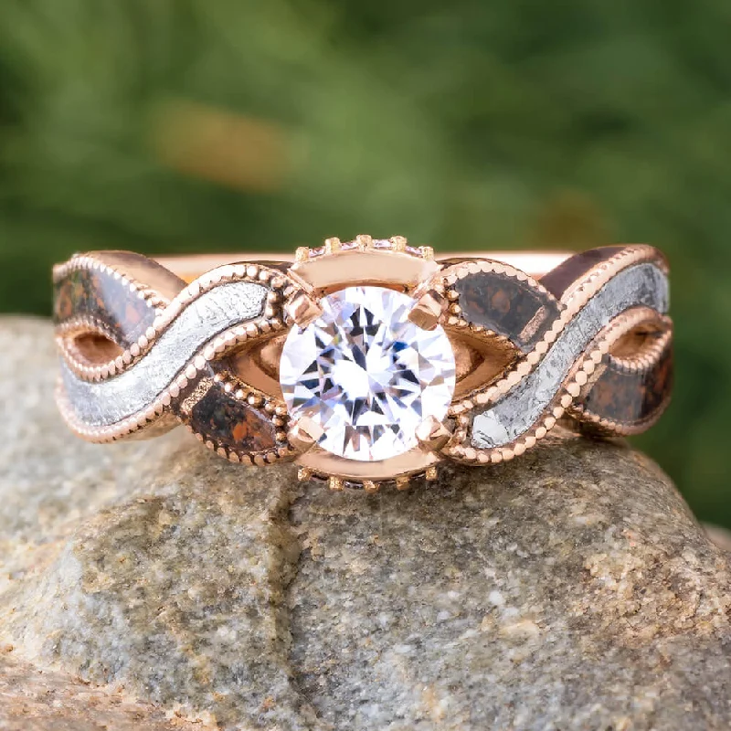 women's reiki energy rings-Rose Gold Meteorite & Dinosaur Bone Engagement Ring