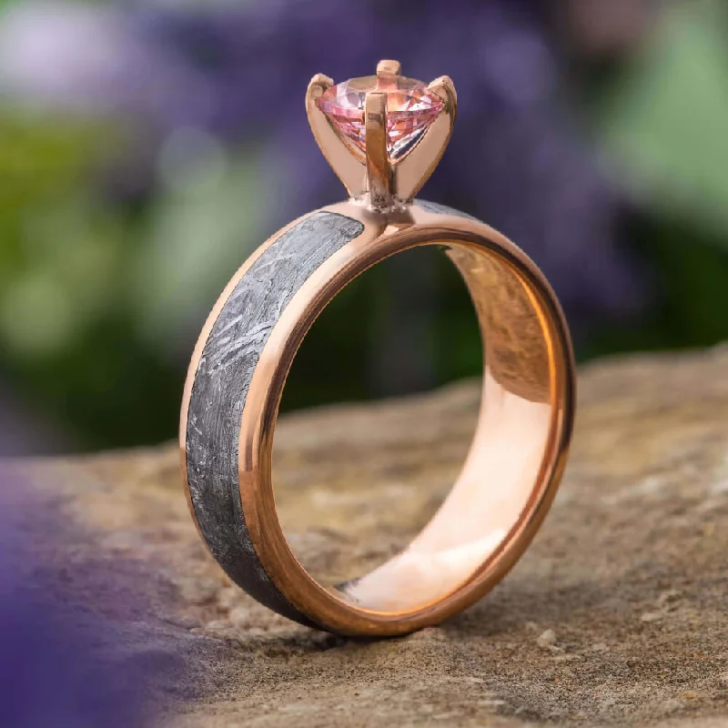 women's gothic engagement rings-Morganite Solitaire Engagement Ring With Meteorite Inlay