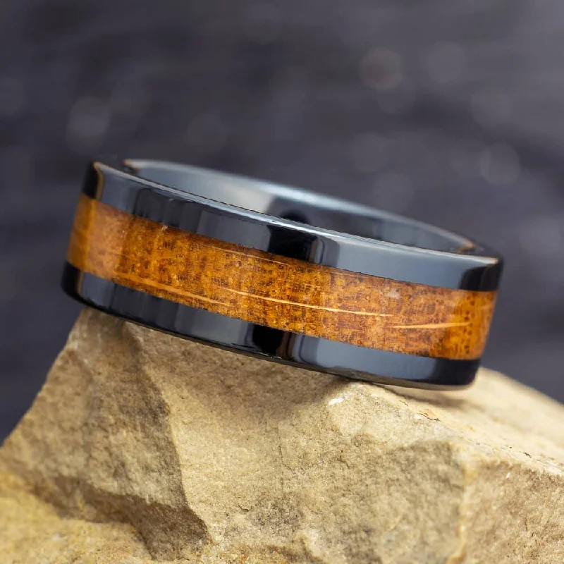 women's moonstone rings-Whiskey Barrel Oak Wood Men's Wedding Band, Black Ceramic