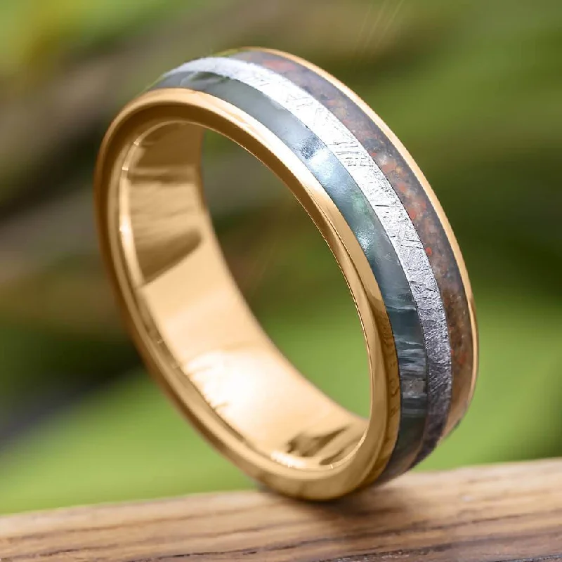 women's water-resistant rings-Rose Gold Wedding Band with Meteorite, Fossil, & Jade