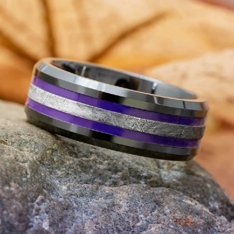 women's pave engagement rings-Purple Enamel & Meteorite Men's Wedding Band