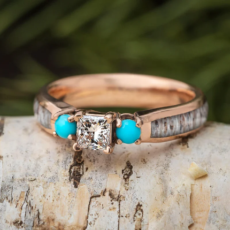 women's statement engagement rings-Unique Three Stone Engagement Ring with Antler and Turquoise