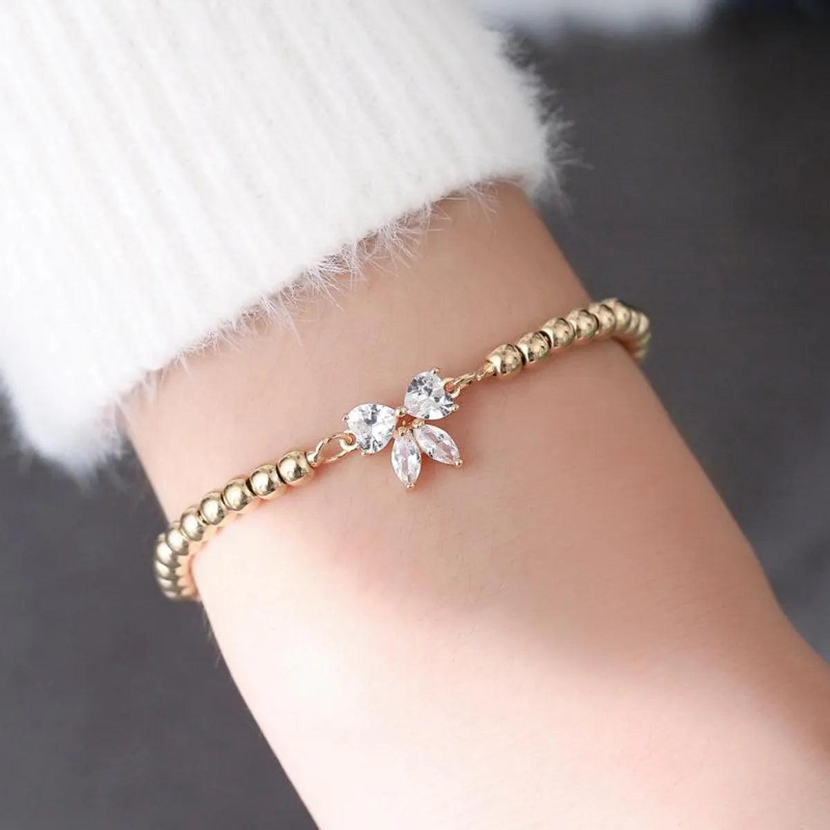 women's tennis bracelets-Korean New Fashion Literary Sweet Beaded Adjustable Micro-set Zircon Bow Bracelet