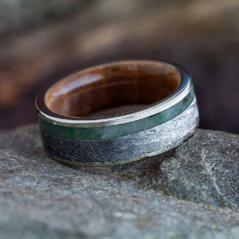 women's promise rings-Gibeon Meteorite Ring With Green Jade, Whiskey Barrel Wedding Band