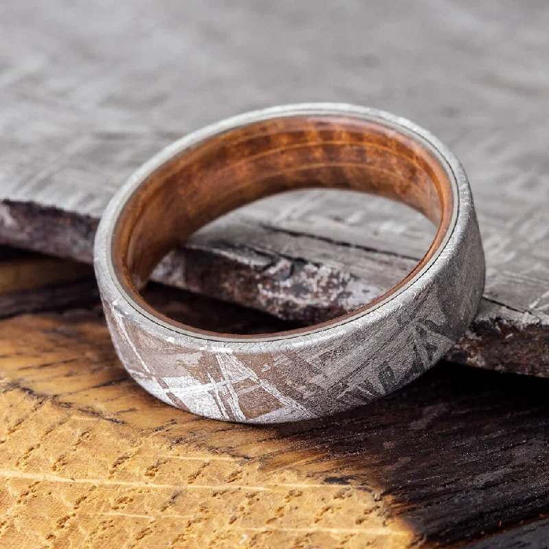 women's classic engagement rings-Meteorite Men's Wedding Band With Whiskey Barrel Wood Sleeve