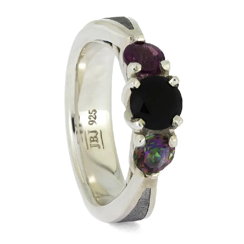 women's floral engagement rings-Multicolored Stone Engagement Ring with Meteorite