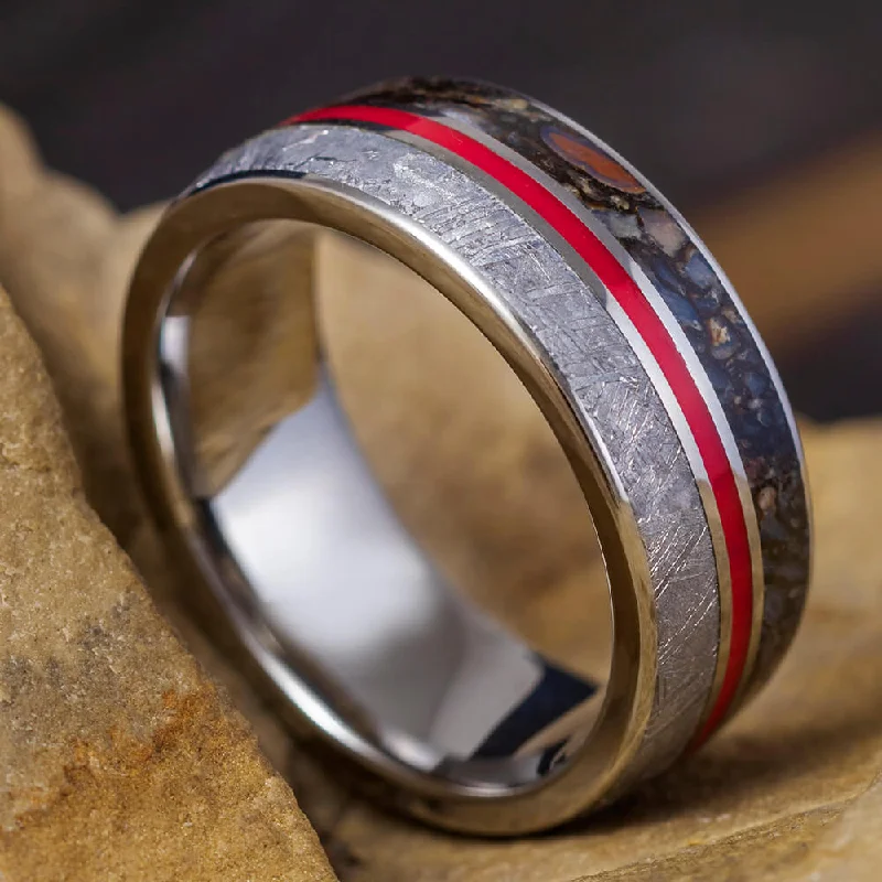 women's infinity rings-Dinosaur Meteorite Ring with Red Enamel Pinstripe