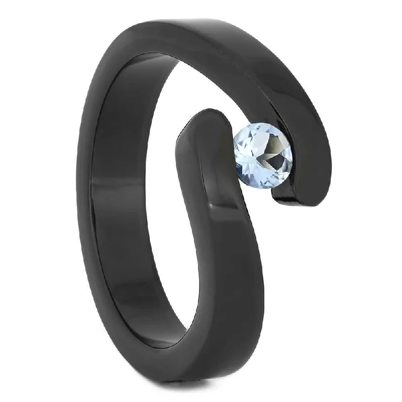 women's cathedral engagement rings-Black Zirconium Tension-Set Aquamarine Engagement Ring