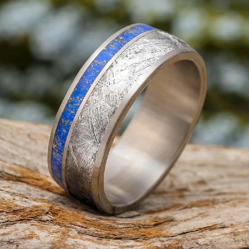 women's celestial rings-Meteorite Men's Wedding Band with Lapis Lazuli in Titanium Ring