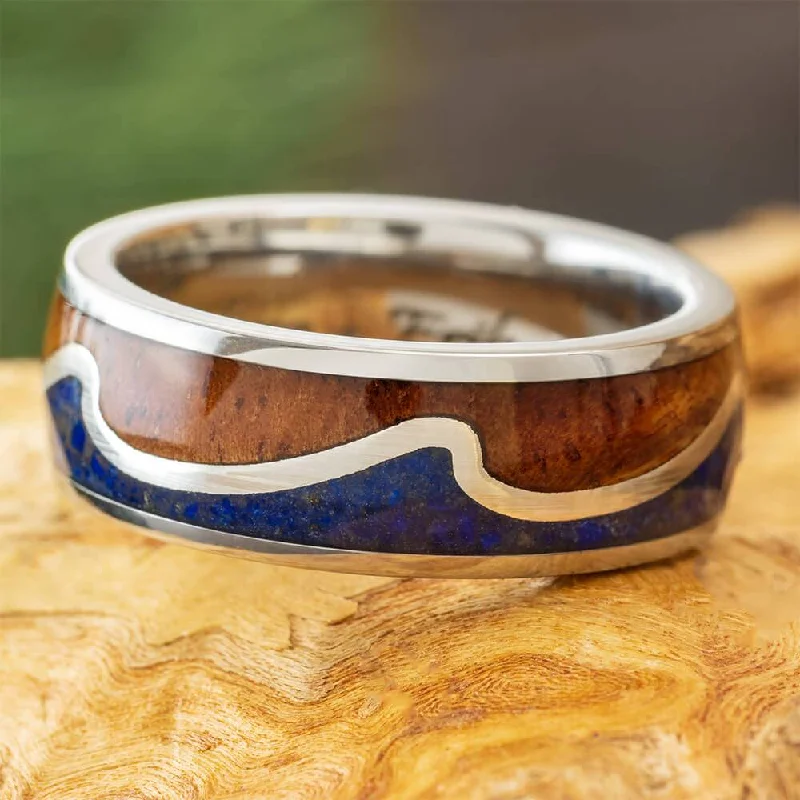 women's diamond engagement rings-Wavy Wedding Band with Crushed Lapis and Koa Wood