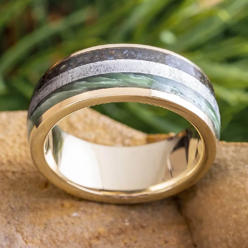 women's halo rings-Meteorite, Dinosaur Bone & Green Jade Wedding Band