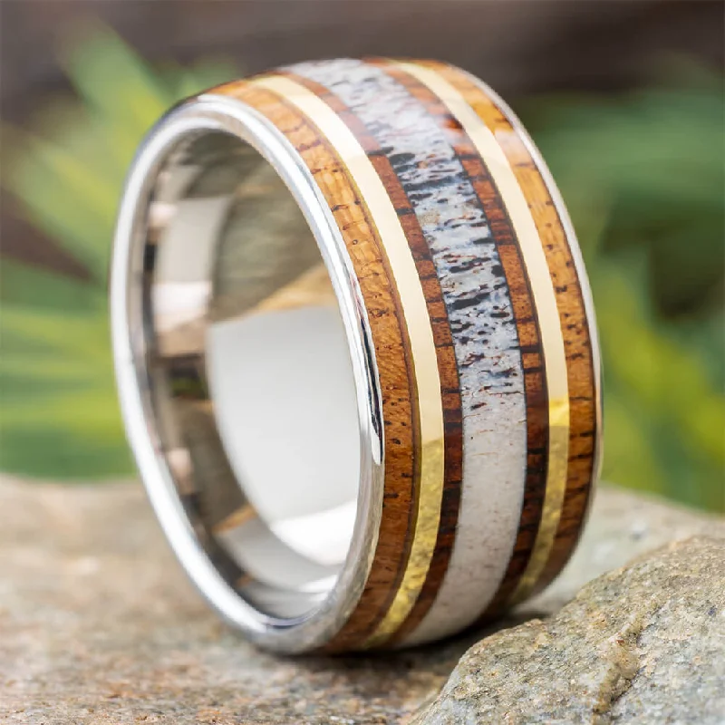 women's hidden halo engagement rings-Men's Antler Wedding Band with Hardwood and Gold Pinstripes