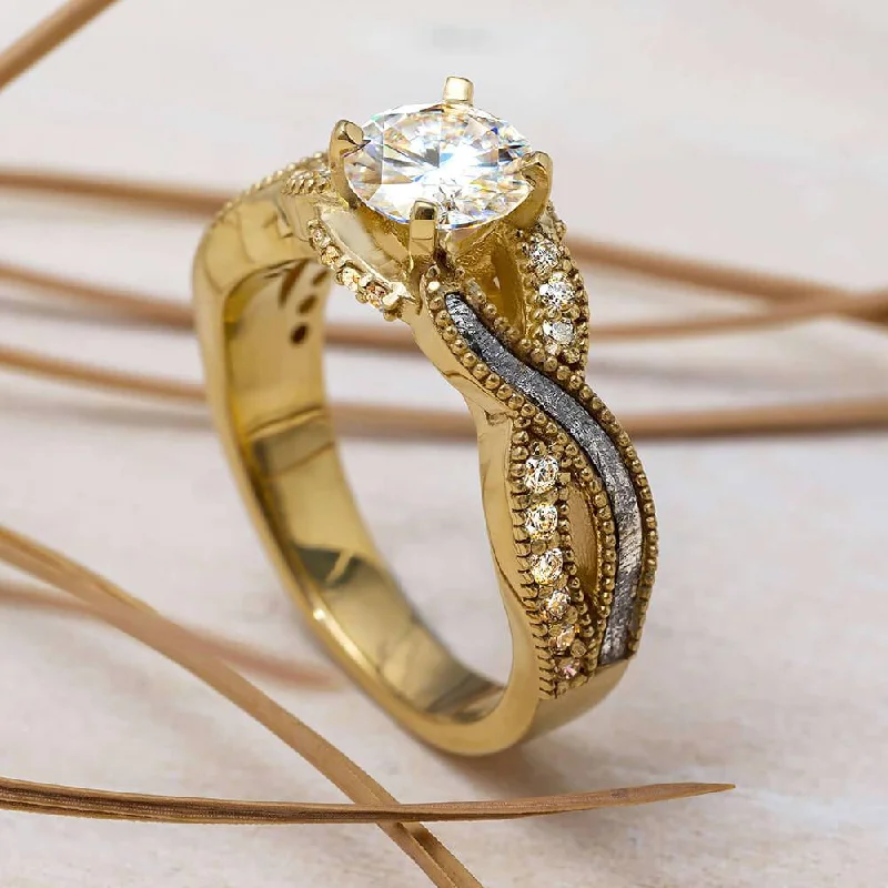 women's floral rings-Meteorite Engagement Ring With Yellow Gold & Diamonds