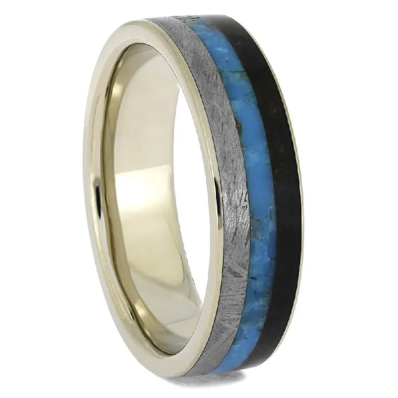 women's eternity engagement rings-Men's Meteorite & Fossil Wedding Band with Turquoise