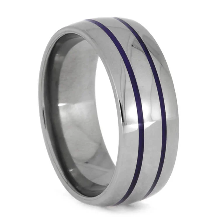 women's channel set engagement rings-Titanium Men's Wedding Band with Purple Enamel Pinstripes