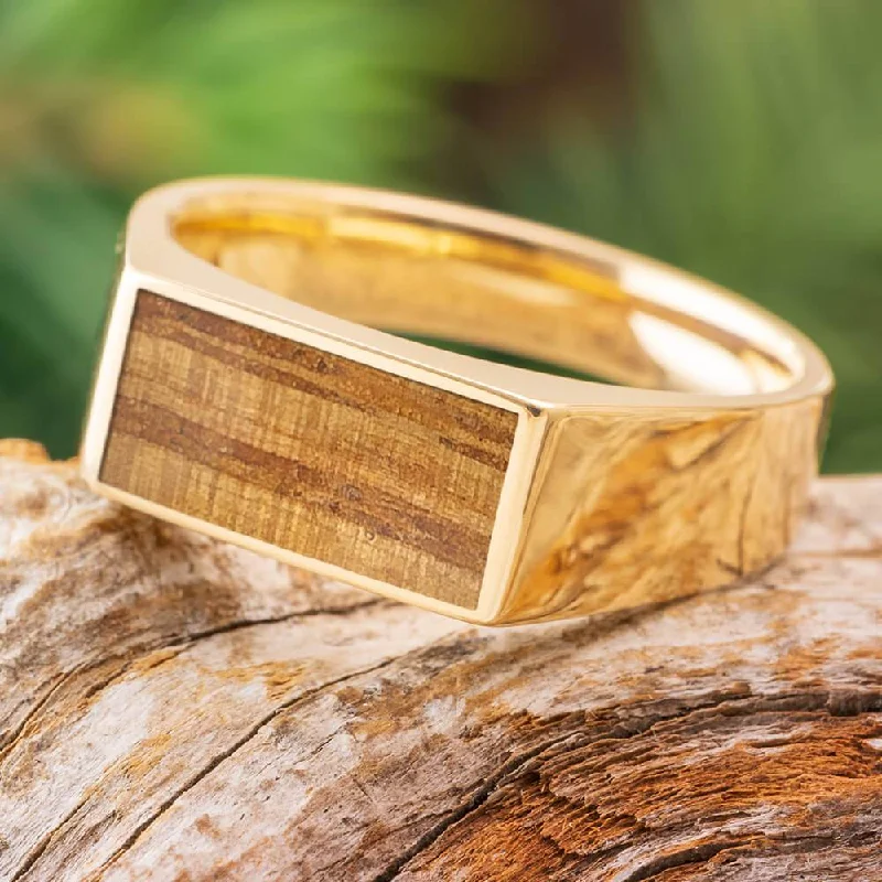 women's promise rings-Signet Ring with Whiskey Barrel Oak Wood Inlay