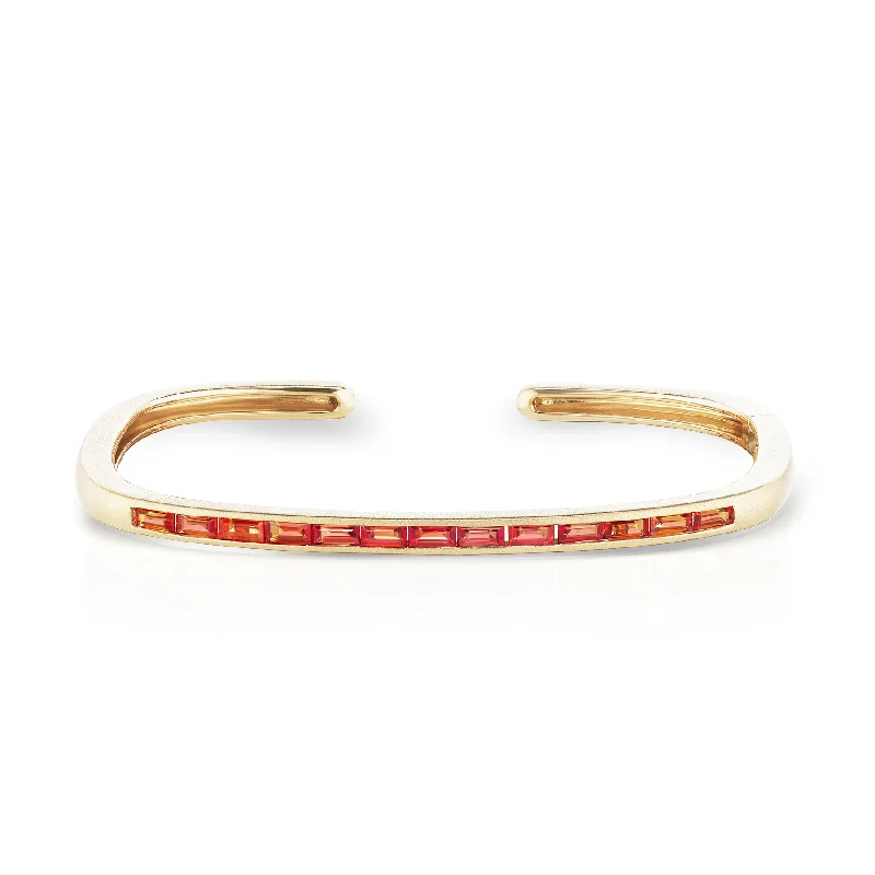 women's moon bracelets-One of a Kind Slim Hinged Rectangular Cuff Bracelet with Red Orange Sapphire Baguettes