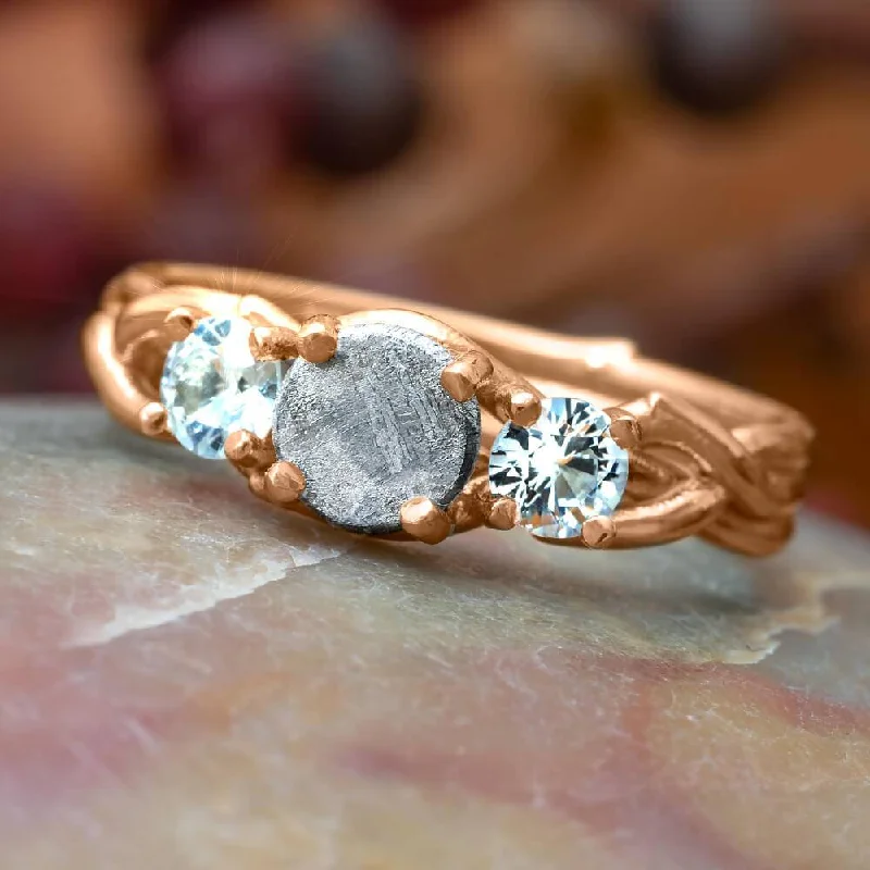 women's matching engagement rings-Three Stone Rose Gold Engagement Ring with Meteorite Center Stone