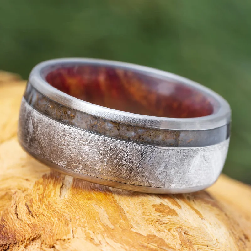 women's sleek and modern rings-Meteorite Men's Wedding Band With Dinosaur Bone And Ruby Redwood Sleeve