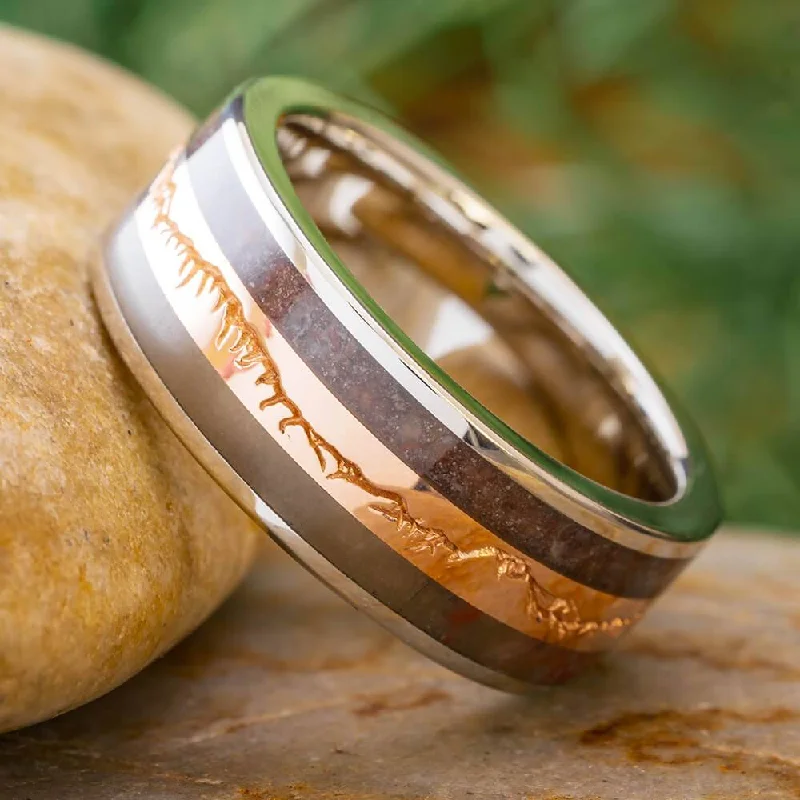 women's oversized rings-Fossilized Wood and Bone Wedding Band with Gold Mountain Design