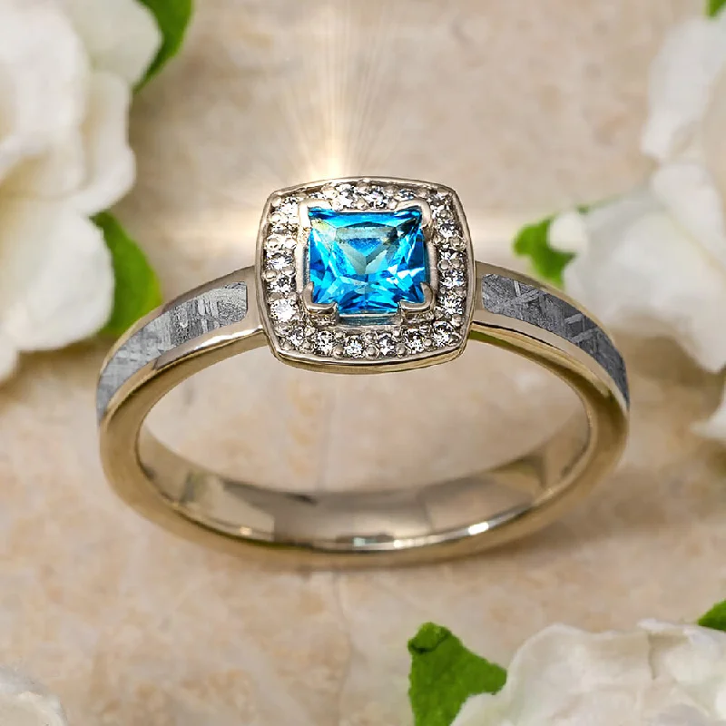 women's heirloom engagement rings-Blue Topaz Halo Engagement Ring