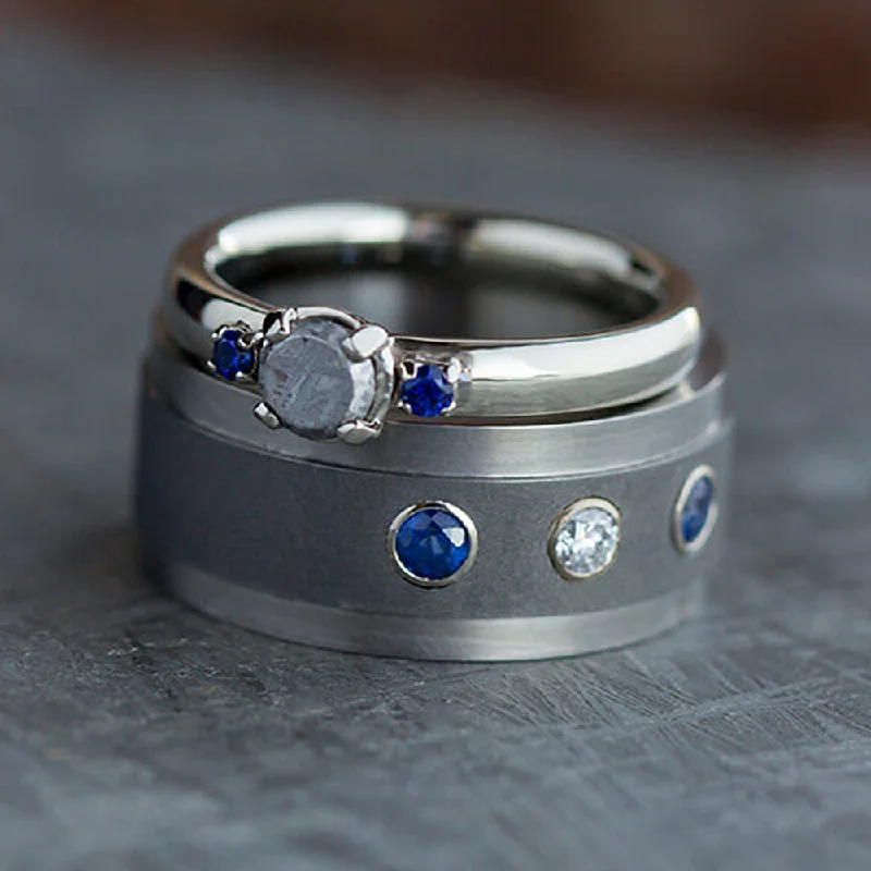 women's antique engagement rings-Blue Sapphire Wedding Ring Set, Meteorite Engagement Ring With Titanium Wedding Band