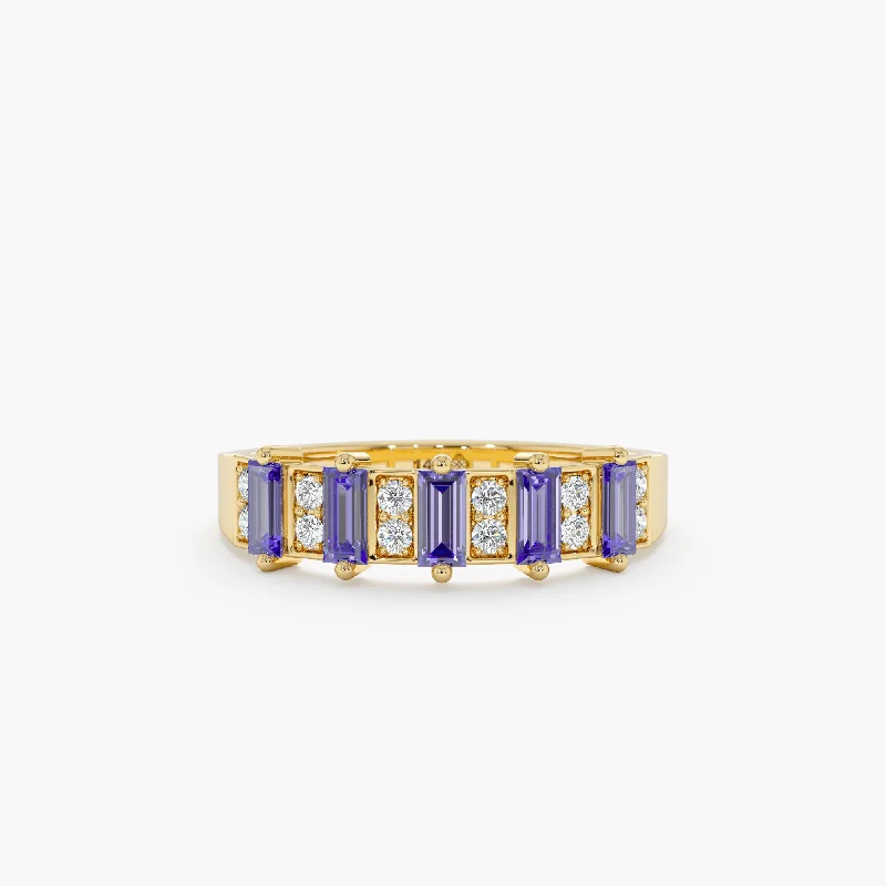 women's round engagement rings-Baguette Tanzanite and Diamond Ring, Lila