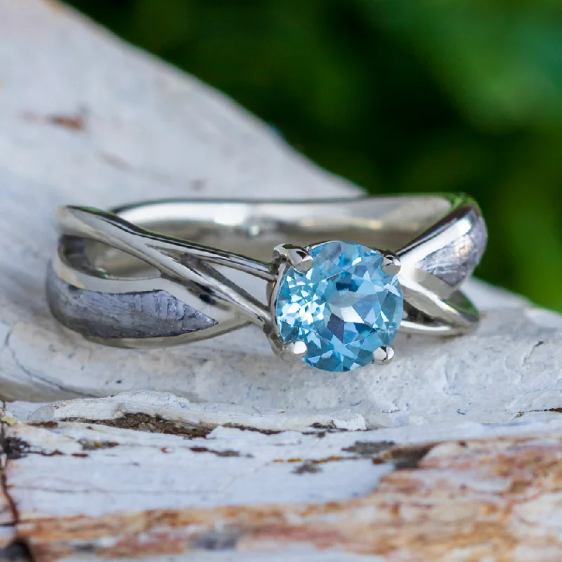 women's celestial planet rings-Sky Blue Topaz Solitaire Engagement Ring with Meteorite Inlays