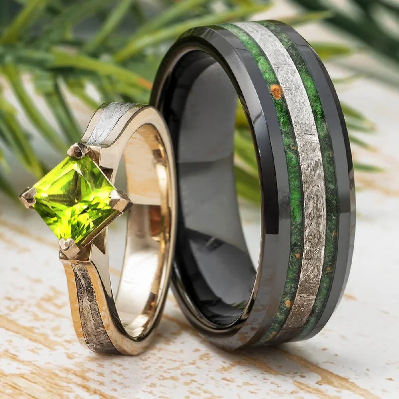 women's baguette engagement rings-Green Wedding Ring Set With Peridot Engagement Ring And Meteorite