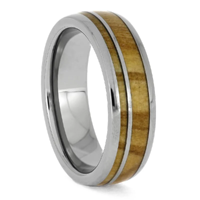 women's white sapphire engagement rings-Olive Wood Wedding Band with Polished Titanium