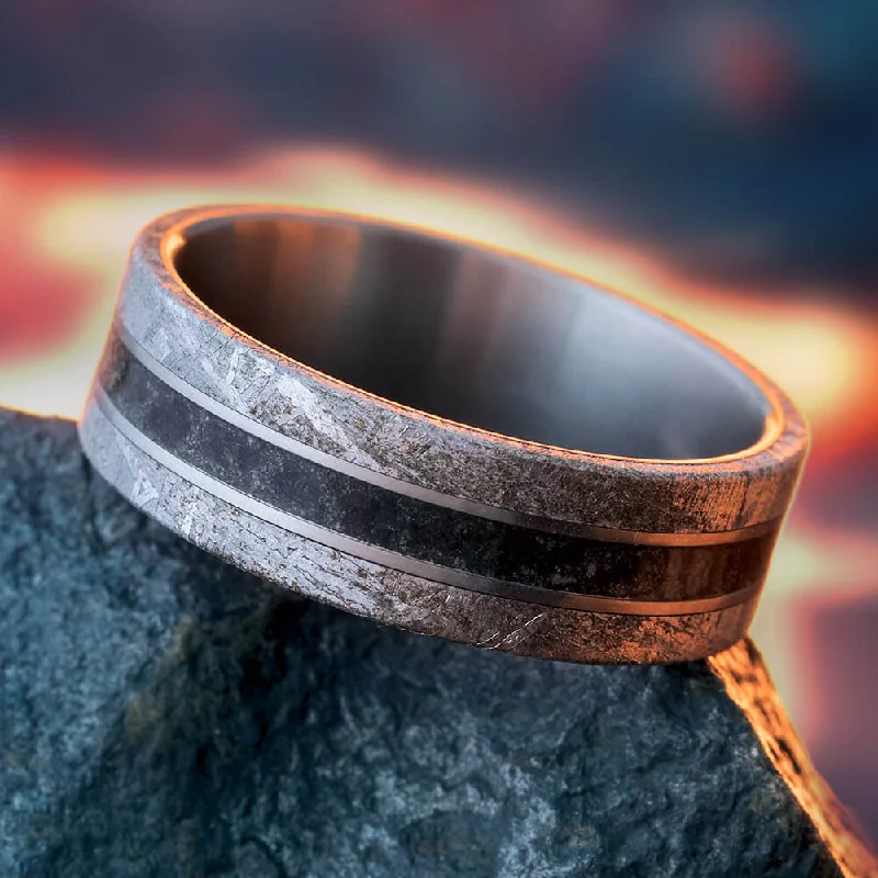 women's handmade rings-Lava Ring with Meteorite and Matte Titanium