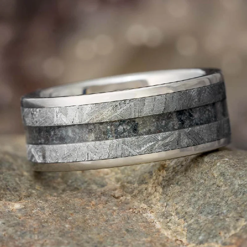 women's birthstone rings-Tungsten Men's Wedding Band With Meteorite & Onyx