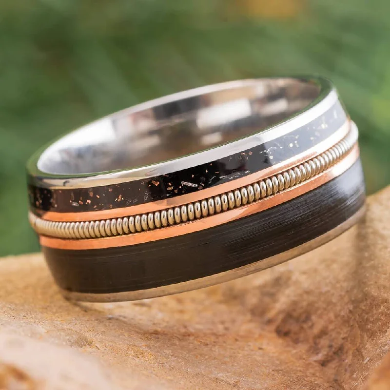 women's infinity love rings-Guitar String Wedding Band With Vinyl LP Record, Stardust, and Rose Gold